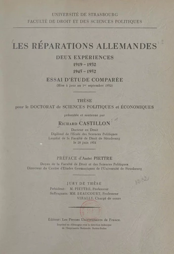 Les réparations allemandes, deux expériences : 1919-1932, 1945-1952 - Richard Castillon - FeniXX réédition numérique