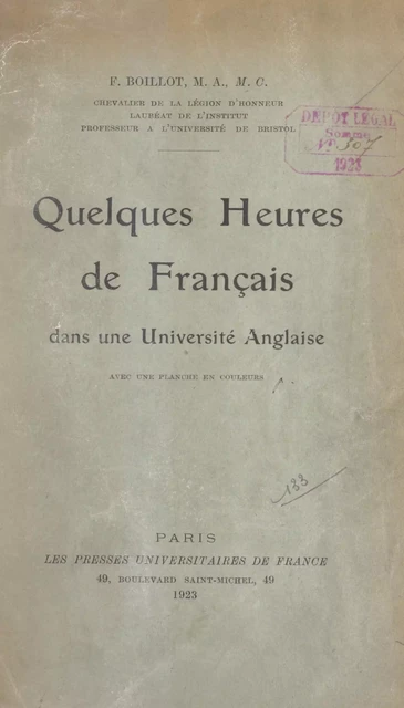 Quelques heures de français dans une université anglaise - Félix Boillot - FeniXX réédition numérique