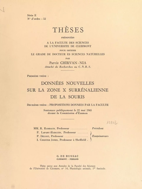 Données nouvelles sur la zone X surrénalienne de la souris - Parviz Chirvan-Nia - FeniXX réédition numérique