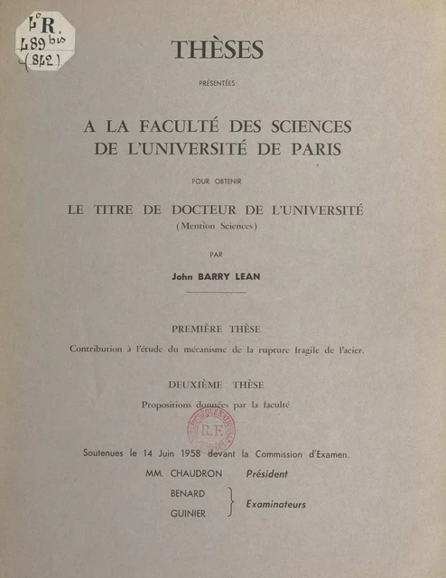 Contribution à l'étude du mécanisme de la rupture fragile de l'acier - John Barry Lean - FeniXX réédition numérique