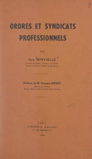 Ordres et syndicats professionnels - Geo Minvielle - FeniXX réédition numérique