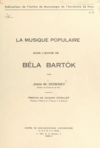 La musique populaire dans l'œuvre de Béla Bartók - John W. Downey - FeniXX réédition numérique