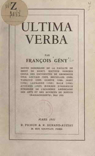 Ultima verba - François Gény - FeniXX réédition numérique