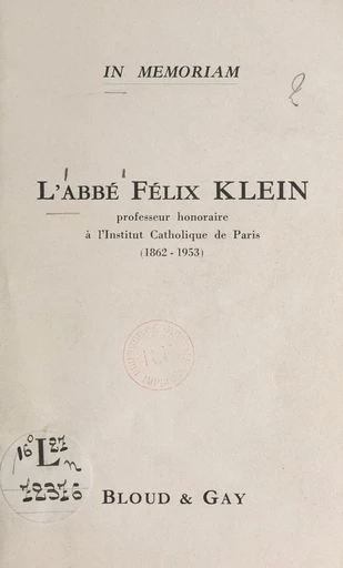 L'abbé Félix Klein - Maurice Nédoncelle - FeniXX réédition numérique