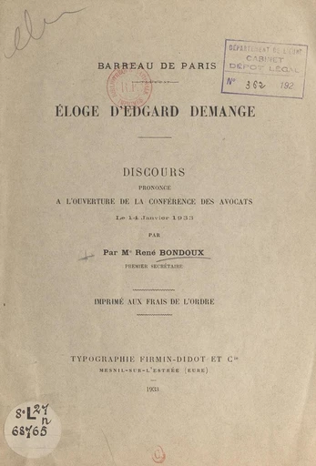 Éloge d'Edgard Demange - René Bondoux - FeniXX réédition numérique