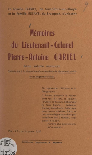 Mémoires du lieutenant-colonel Pierre-Antoine Gariel - Jules Corriol - FeniXX réédition numérique