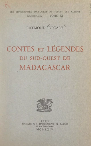 Contes et légendes du Sud-Ouest de Madagascar - Raymond Decary - FeniXX réédition numérique