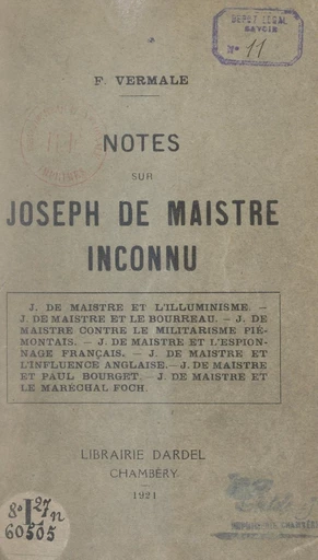 Notes sur Joseph de Maistre inconnu - François Vermale - FeniXX réédition numérique