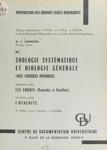 Zoologie systématique et biologie générale (avec exercices pratiques) - Robert L. Chanton - FeniXX réédition numérique