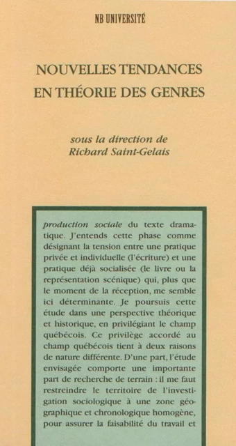 Nouvelles tendances en théorie des genres - Richard Saint-Gelais - Éditions Nota bene