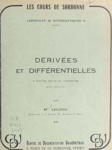 Dérivées et différentielles - Jacqueline Lelong - FeniXX réédition numérique