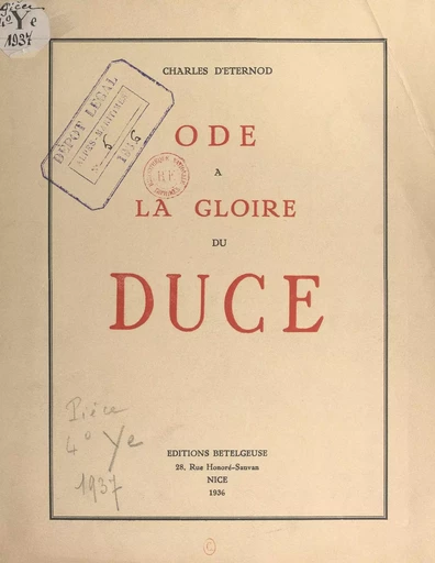 Ode à la gloire du Duce - Charles d'Eternod - FeniXX réédition numérique