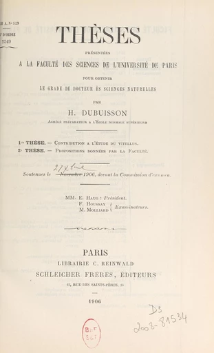 Contribution à l'étude du vitellus - H. Dubuisson - FeniXX réédition numérique