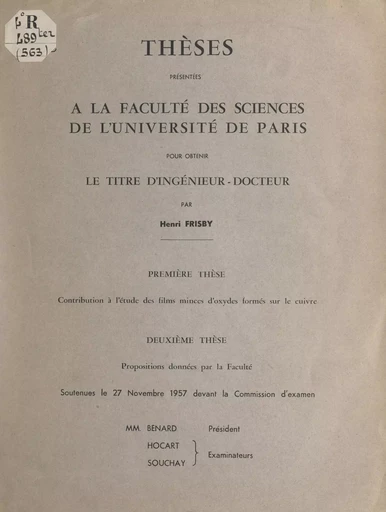 Contribution à l'étude des films minces d'oxydes formés sur le cuivre - Henri Frisby - FeniXX réédition numérique