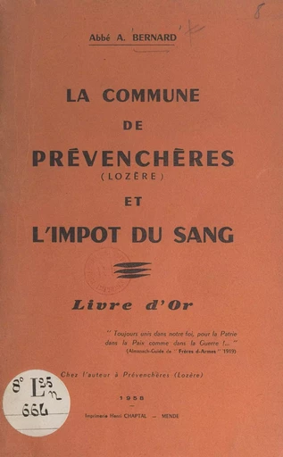 La commune de Prévenchères (Lozère) et l'impôt du sang - Alfred Bernard - FeniXX réédition numérique