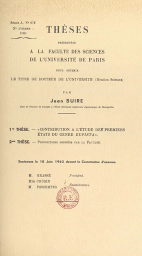 Contribution à l'étude des premiers états du genre Eupista - Jean Suire - FeniXX réédition numérique