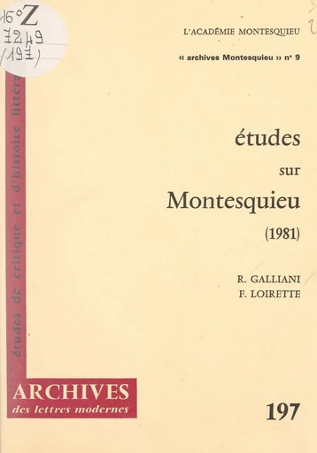 Études sur Montesquieu (1981) - Renato Galliani, Francis Loirette - FeniXX réédition numérique