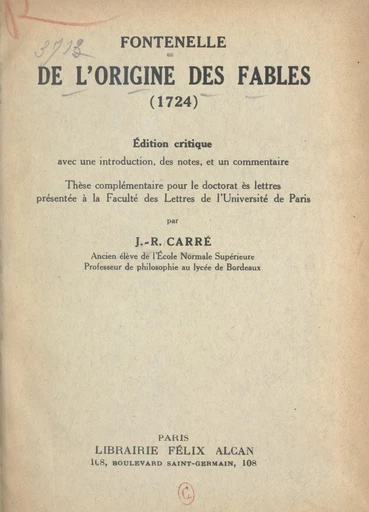 Fontenelle : de l'origine des fables (1724) - Jean-Raoul Carré - FeniXX réédition numérique