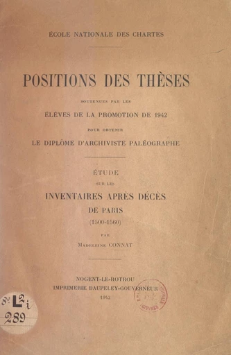 Étude sur les inventaires après décès de Paris (1500-1560) - Madeleine Connat - FeniXX réédition numérique