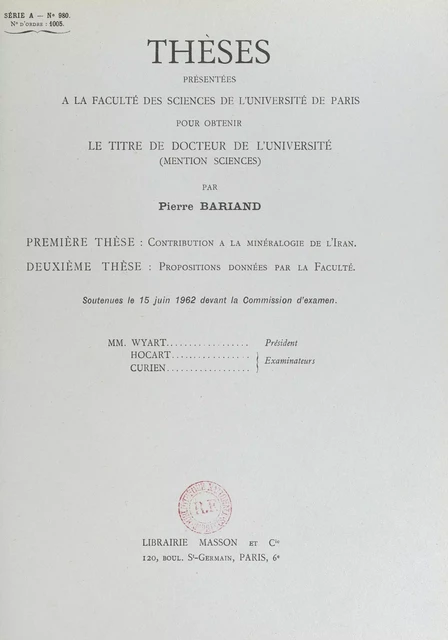 Contribution à la minéralogie de l'Iran - Pierre Bariand - FeniXX réédition numérique