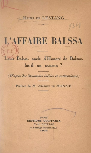 L'affaire Balssa - Henri de Lestang - FeniXX réédition numérique