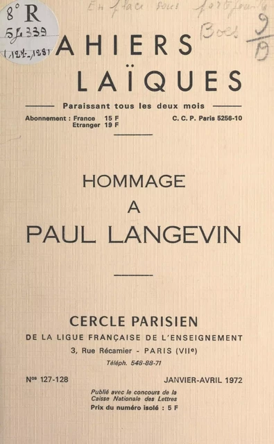 Hommage à Paul Langevin - Lucien Boes, Éliane Montel - FeniXX réédition numérique