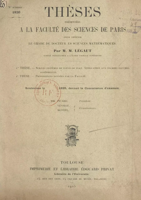 Sur les systèmes de points du plan : application aux courbes gauches algébriques - Marcel Légaut - FeniXX réédition numérique