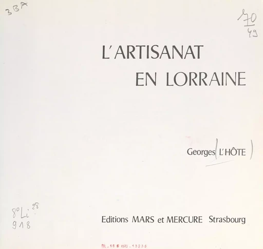 L'artisanat en Lorraine - Georges L'Hôte - FeniXX réédition numérique