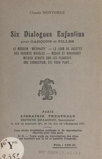 Six dialogues enfantins pour garçons et filles - Claude Montorge - FeniXX réédition numérique