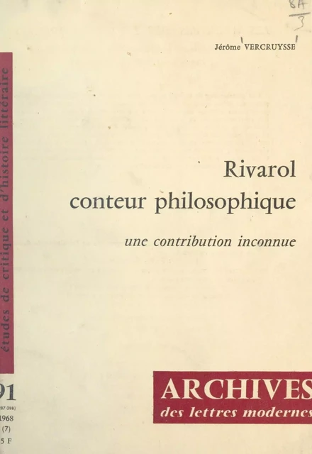 Rivarol, conteur philosophique - Jérôme Vercruysse - FeniXX réédition numérique