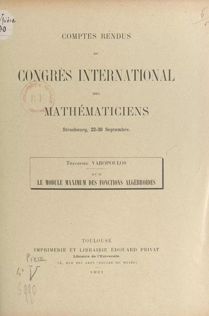 Sur le module maximum des fonctions algébroïdes - Théodore Varopoulos - FeniXX réédition numérique