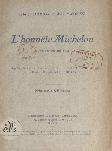 L'honnête Michelon - Jean Manoussi, Gabriel Timmory - FeniXX réédition numérique