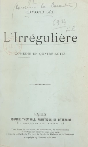 L'irrégulière - Edmond Sée - FeniXX réédition numérique