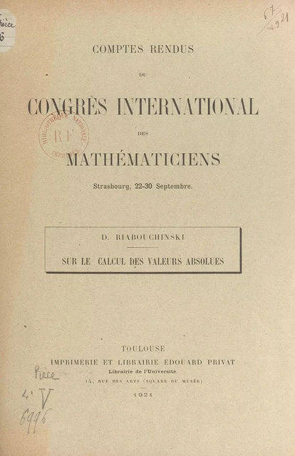 Sur le calcul des valeurs absolues - Dimitri Riabouchinski - FeniXX réédition numérique