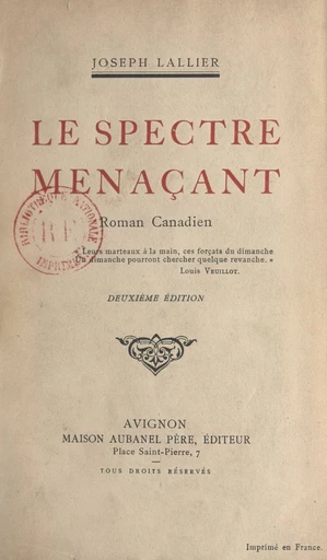 Le spectre menaçant - Joseph Lallier - FeniXX réédition numérique