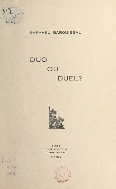 Duo ou duel ? - Raphaël Barquissau - FeniXX réédition numérique