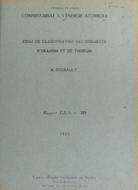 Essai de classification des gisements d'uranium et de thorium - Marcel Roubault - FeniXX réédition numérique