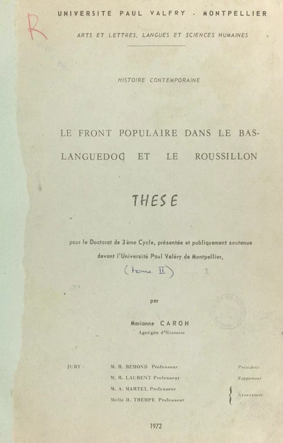 Le Front Populaire dans le Bas-Languedoc et le Roussillon - Marianne Caron - FeniXX réédition numérique