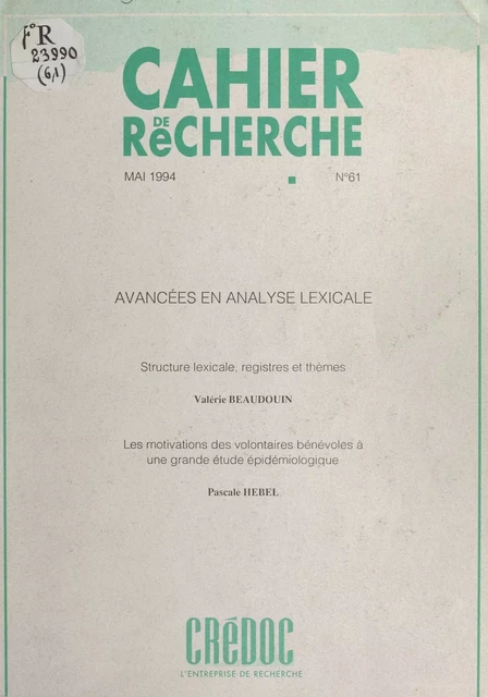 Avancées en analyse lexicale - Valérie Beaudouin, Pascale Hébel - FeniXX réédition numérique