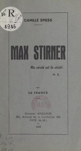 Max Stirner - Camille Spiess - FeniXX réédition numérique