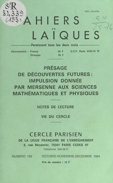 Présage de découvertes futures : impulsion donnée par Mersenne aux sciences mathématiques et physiques - Armand Beaulieu - FeniXX réédition numérique