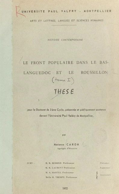 Le Front Populaire dans le Bas-Languedoc et le Roussillon (1) - Marianne Caron - FeniXX réédition numérique