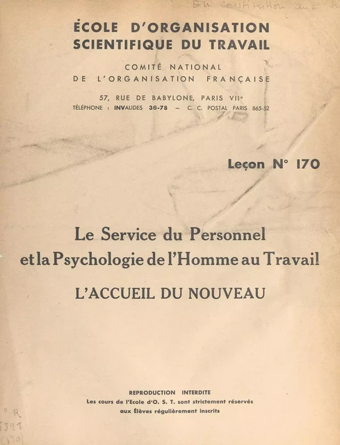 Le service du personnel et la psychologie de l'homme au travail - Robert Sallou - FeniXX réédition numérique