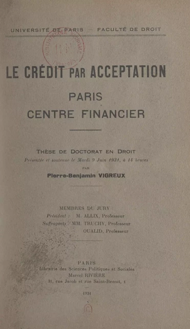 Le crédit par acceptation : Paris, centre financier - Pierre Vigreux - FeniXX réédition numérique