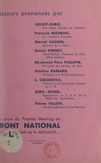 Le Front national de lutte pour la libération et l'indépendance de la France, expression de l'unanimité française, parle au peuple - Marcel Cachin,  Collectif, Frédéric Joliot-Curie, François Mauriac, Ernest Perney - FeniXX réédition numérique