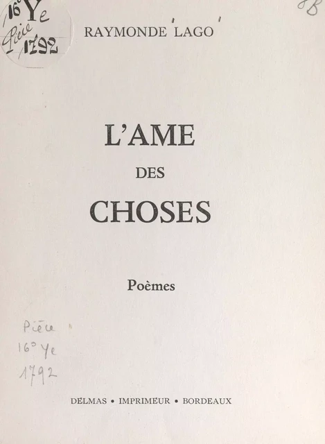 L'âme des choses - Raymonde Lago - FeniXX réédition numérique