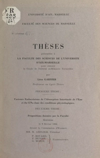 Facteurs endocriniens de l'absorption intestinale de l'eau et du ClNa dans les conditions physiologiques - Léon Garnier - FeniXX réédition numérique