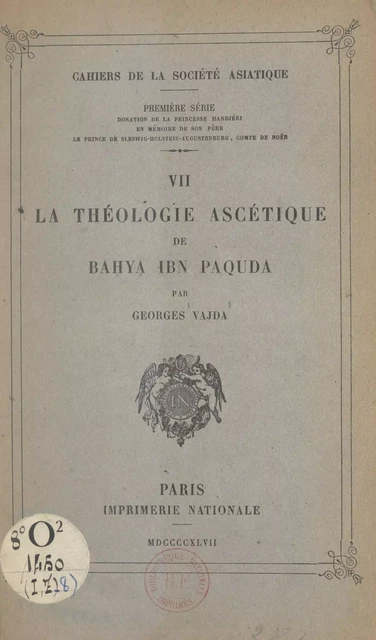 La théologie ascétique de Baḥya ibn Paquda - Georges Vajda - FeniXX réédition numérique