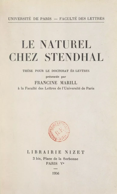 Le naturel chez Stendhal - Francine Marill - FeniXX réédition numérique