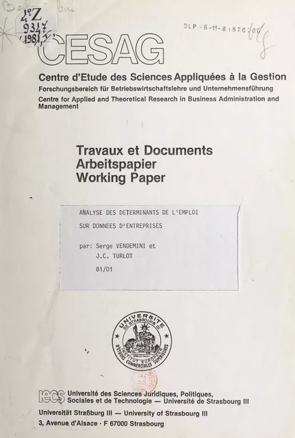 Analyse des déterminants de l'emploi sur données d'entreprises - Jean-Christophe Turlot, Serge Vendemini - FeniXX réédition numérique